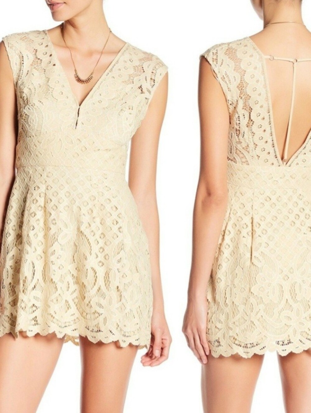 Free People Cream Lace V‑Neck Mini Dress